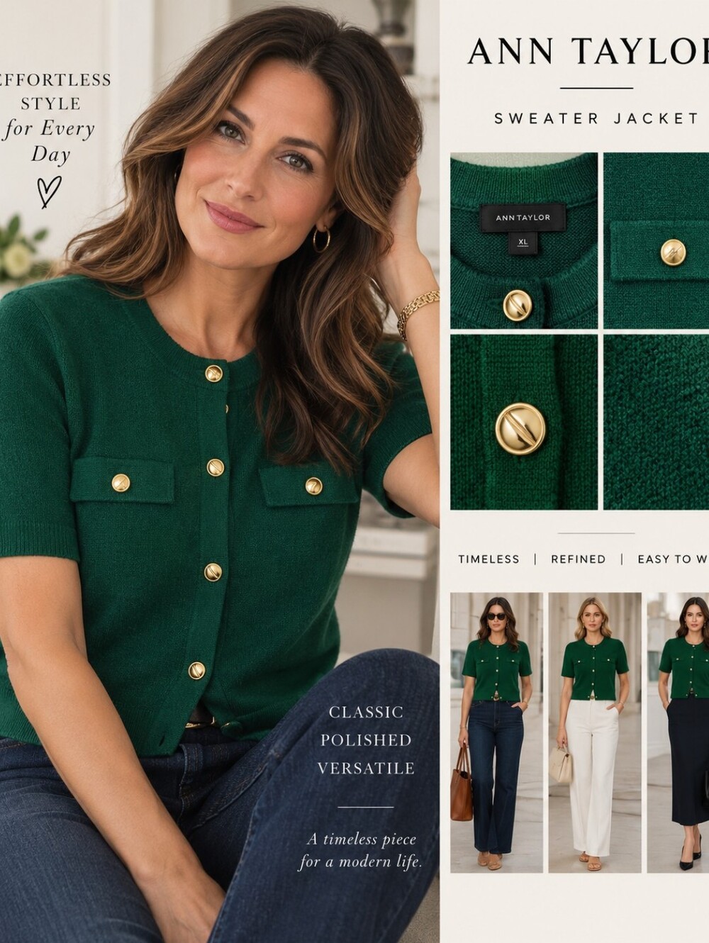 NWT Ann Taylor Emerald Green Gold Button Sweater Jacket Cardigan – Size L